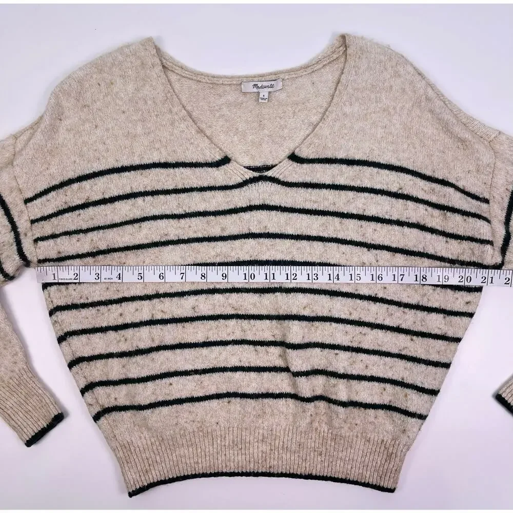 Madewell Merino Wool Oatmeal & Dark Green Striped V Neck Sweater Women’s Small - Picture 9 of 12